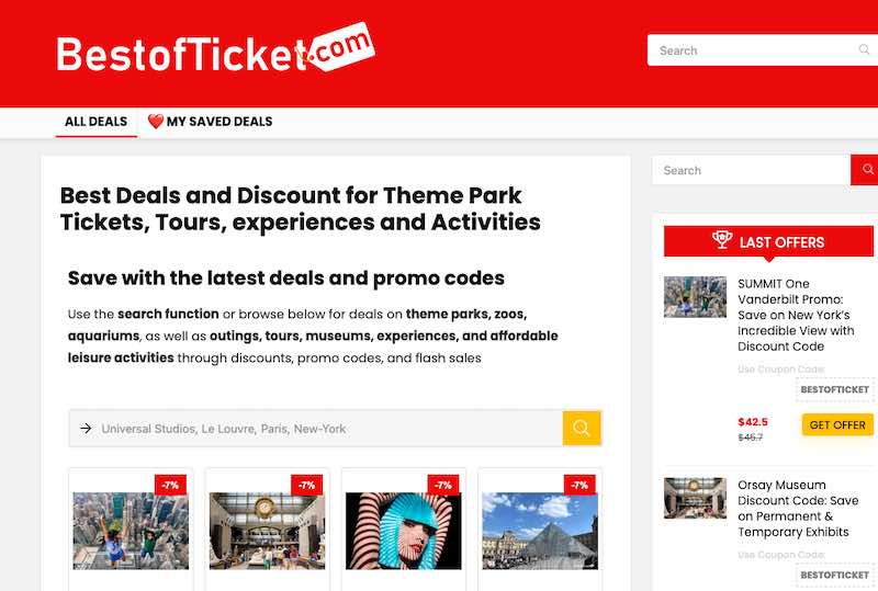 best deals on tickets for parks, museums, visites, experiences, promo code, coupon code and discount code for cheap entry tickets